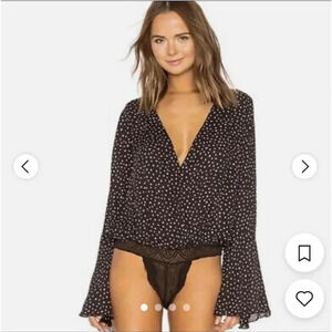 Free People Intimately Plunge Deep V Neck Bell Sleeve Lace Bodysuit Blouse Small